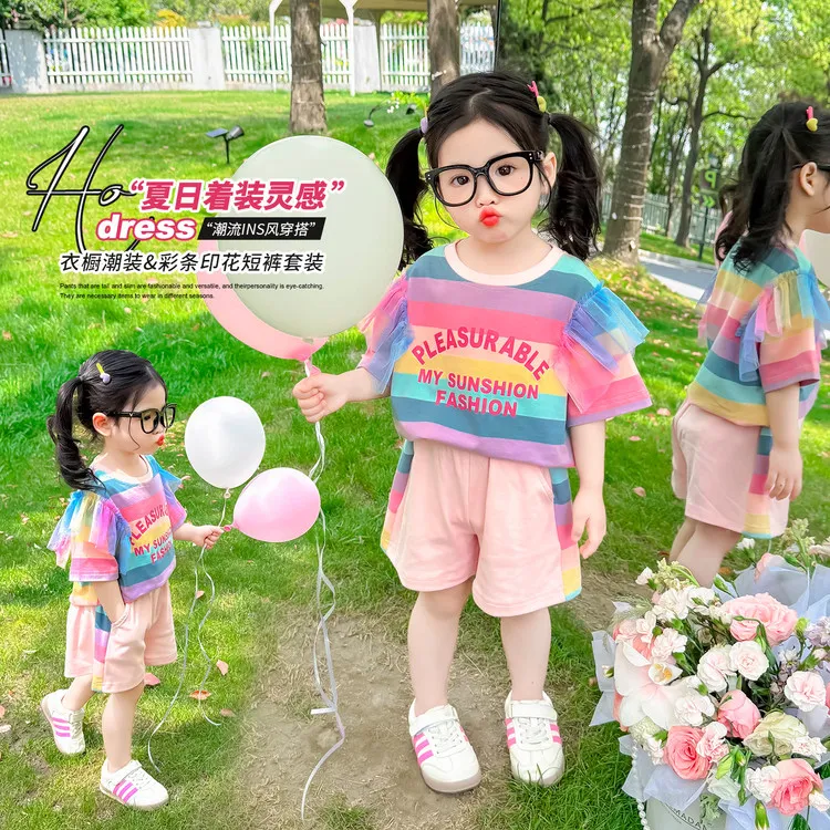 套装女童中小童潮流流行儿童运动网红洋气夏季女孩夏日印花儿童
