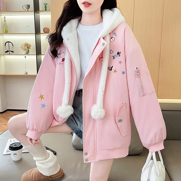 加绒加厚甜美可爱棒球服外套女2026冬季新款初高中学生连帽卫衣潮