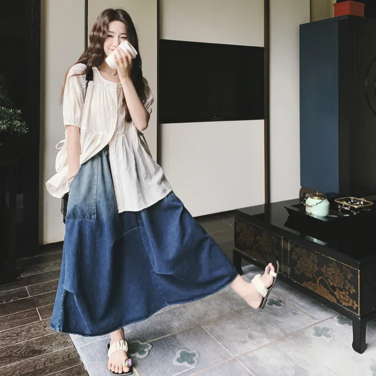 复古文艺范套装裙2025年夏季新款刺绣衬衣渐变色牛仔半身裙两件套