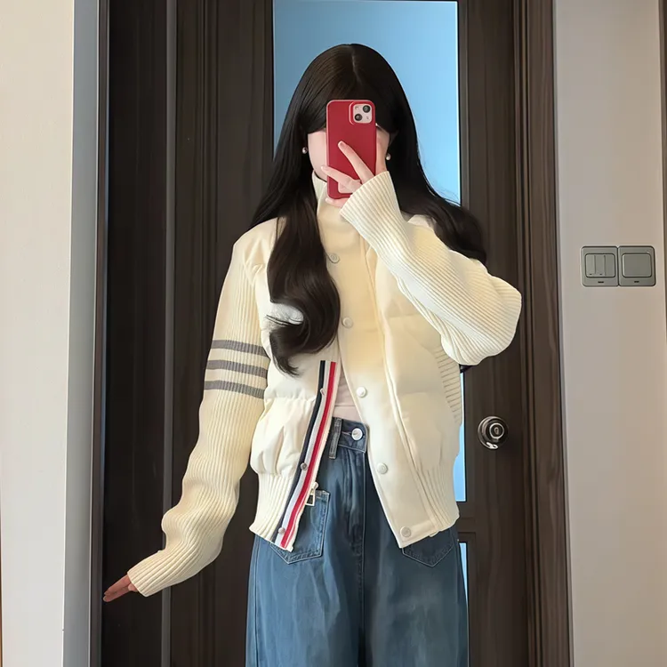 韩系学院风棉服2025秋冬新款短款拼接针织爆款白色轻薄休闲棒球服