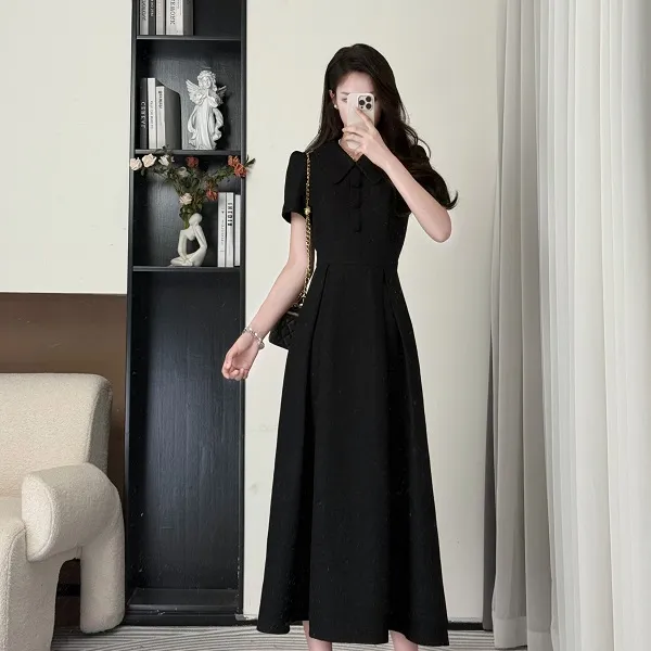 拉夏贝尔25夏新复古极简风雅致优雅百搭显瘦短袖连衣裙 10467 SXJ