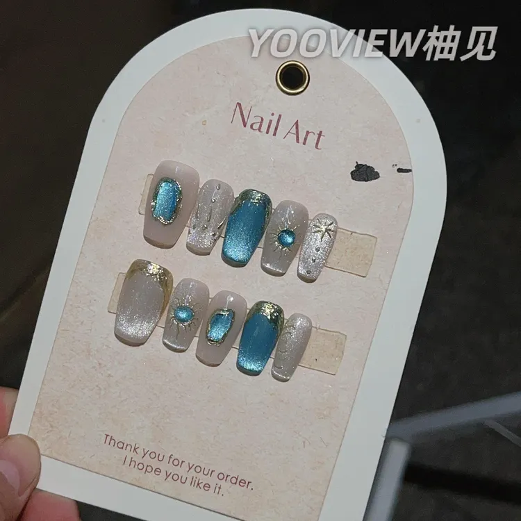 高级感穿戴甲亚特兰蒂斯少女爆闪显白手绘轻奢纯手工穿戴甲高