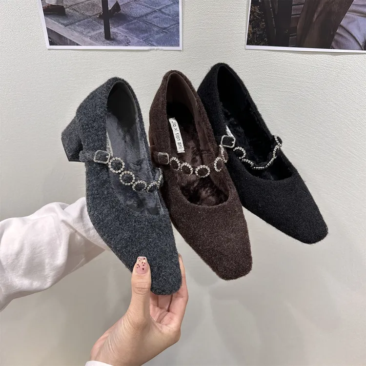 粗跟高跟鞋灰色毛毛鞋单鞋女鞋子2025秋冬季加绒玛丽珍黑色通勤鞋
