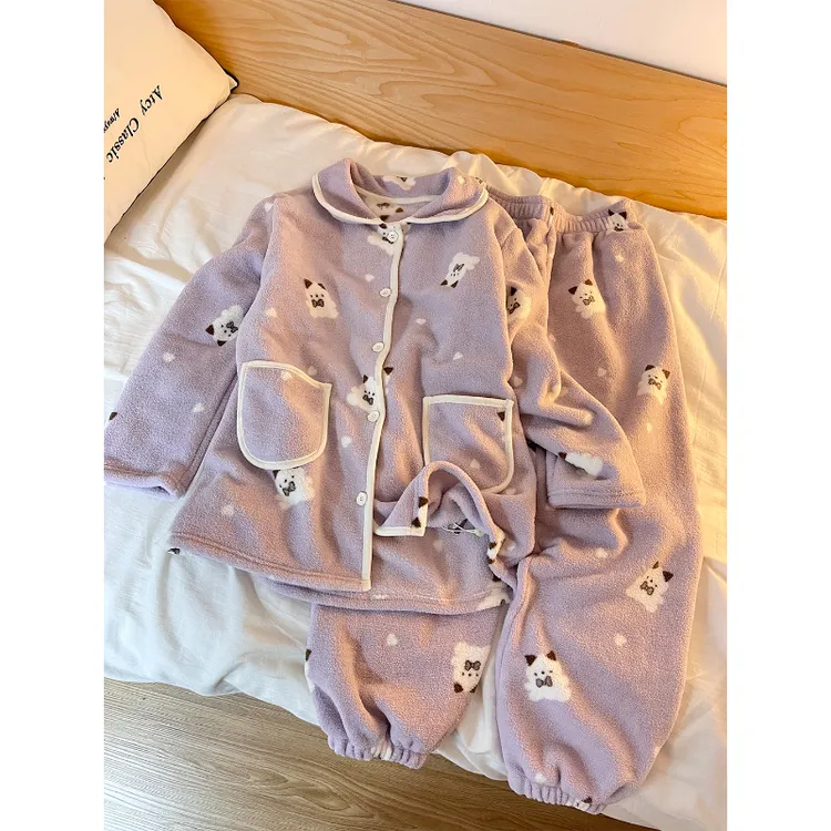 甜美香芋紫可爱印花睡衣女冬季2025新款加厚软糯法兰绒家居服套装
