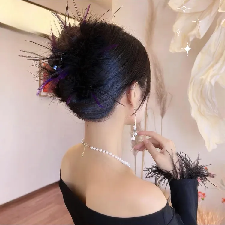 秋冬新款纯欲风羽毛发饰显发量后脑勺发夹