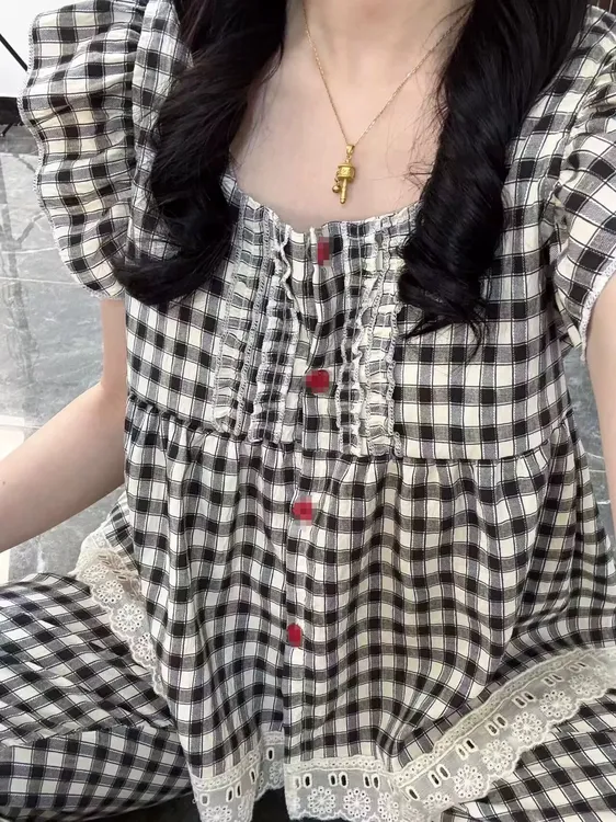 R609夏季黑格小飞袖+短裤+长裤三件套家居服