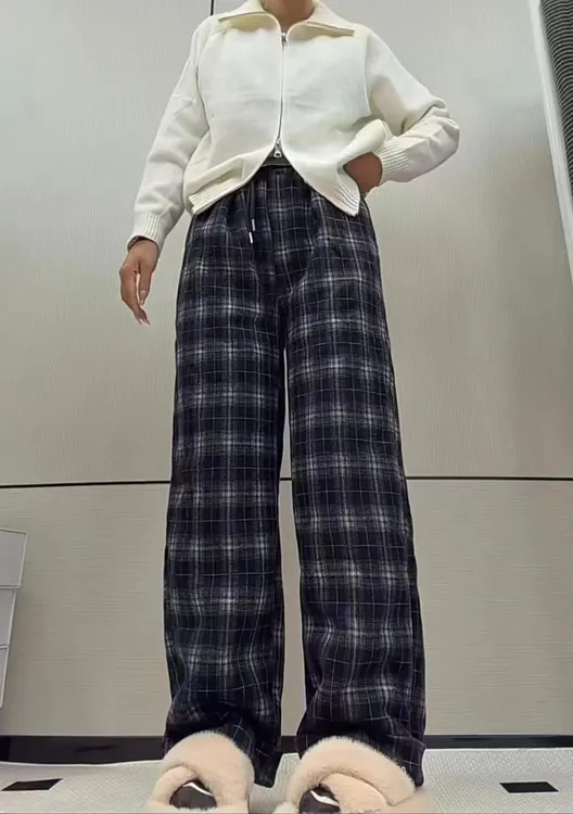 仿兔毛格子裤女冬季2025年新款垂感高腰加厚休闲直筒复古阔腿裤