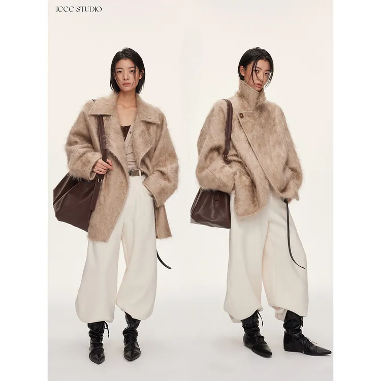 JCCC影子【黑标/雪山暖光】杏色100%山羊绒拉毛双面呢外套JE5PMD14