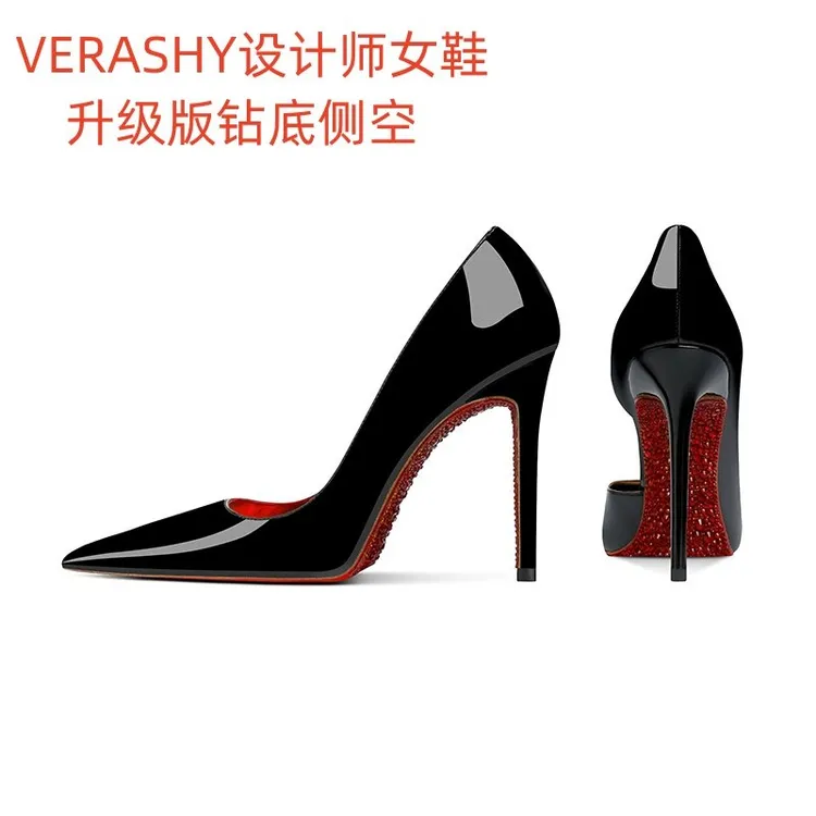 升级版红底带钻高跟鞋女2025新款侧空细跟10cm不累脚性感御姐尖头