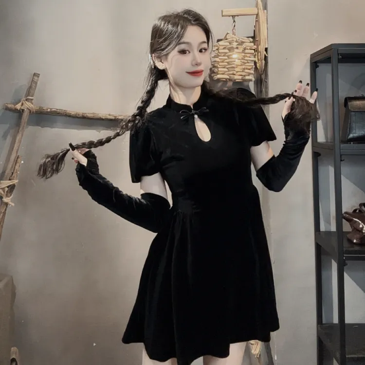 妍妍家复古丝绒收腰显瘦连衣裙