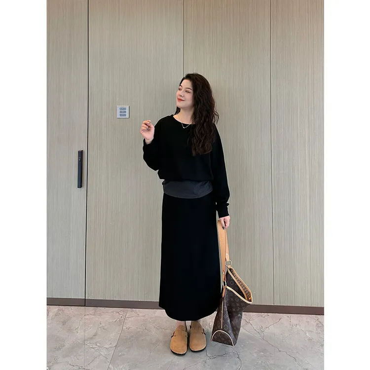 WenWen小个子2025秋季新款韩版圆领长袖上衣+半身裙两件套4328