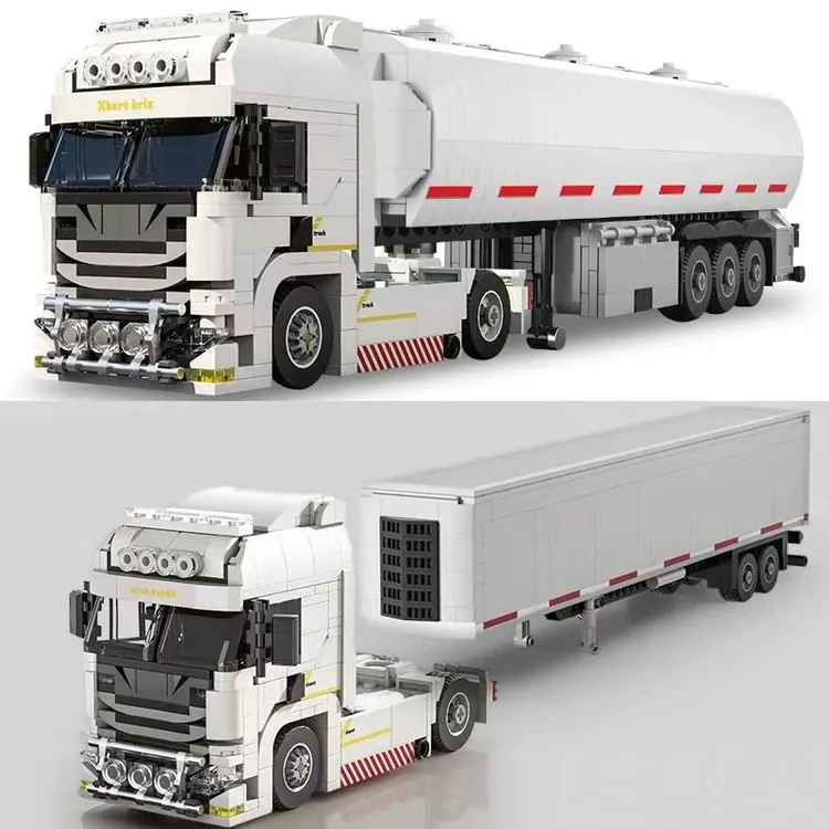 欧式卡车头跨境拼装男孩玩具积木DIY拖挂美式卡车油罐集装箱车模