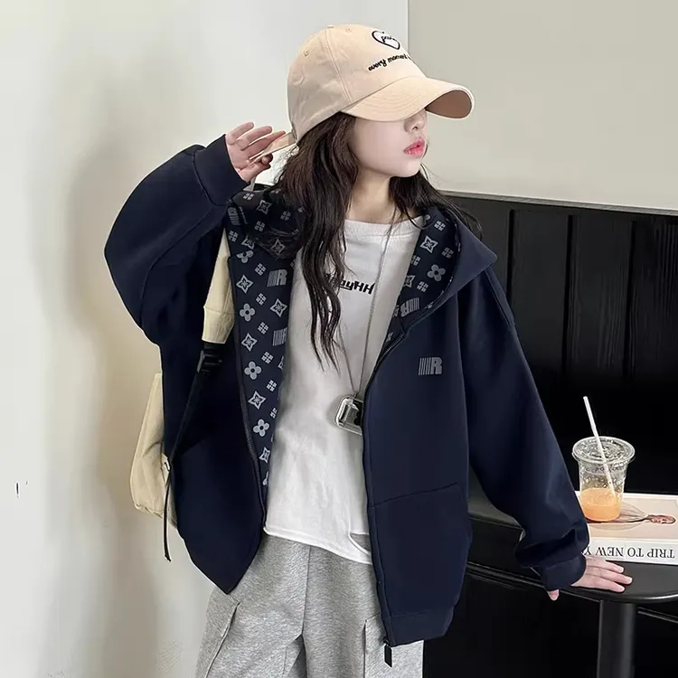 女童加绒连帽外套秋冬新款中大童时髦运动拉链开衫冬装保暖上衣潮