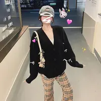 5956【金拐子专属】早秋chic韩系黑色毛衣女新款慵懒风针织衫上衣