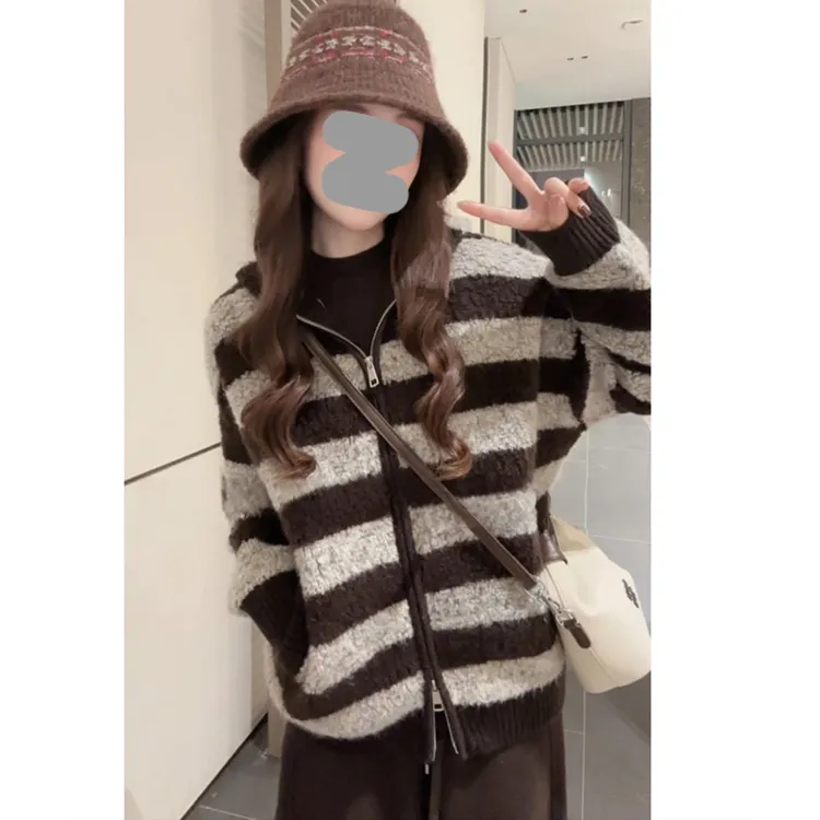 复古慵懒风宽松双头拉链连帽条纹针织毛衣外套百搭加绒休闲裤女装