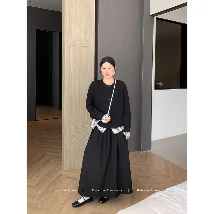 知葵微胖定制【白茶少女】初秋简约韩系肌理感纯色半身裙12253B3592