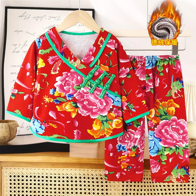 中国风居家儿童内衣德绒春季男女童睡衣服套装薄款保暖民族风大花
