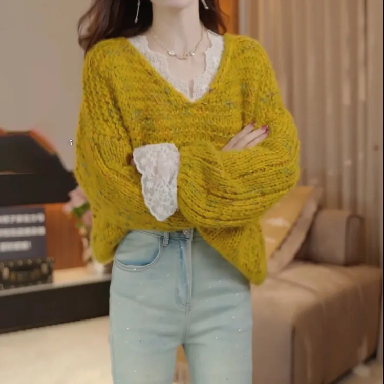 2025秋冬新款宽松慵懒V领灯笼袖针织衫套头设计感毛衣LK2507359