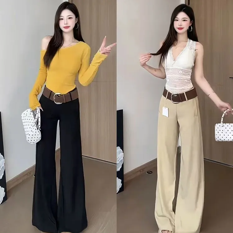 【送腰带】老钱风休闲西装裤女秋季低腰显瘦宽松垂感阔腿裤拖地长裤