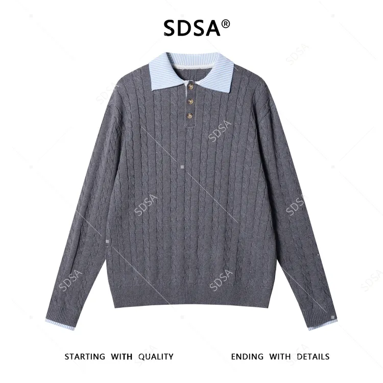 SDSA男士秋冬新款痞帅男装潮牌纽花拼接半纽扣翻领针织衫时尚毛衣