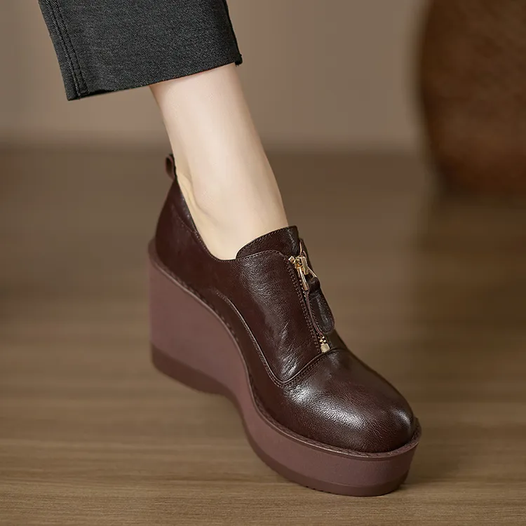 小个子手工女鞋9.5cm~坡跟女单鞋羊皮高跟鞋防水台圆头增高棕色