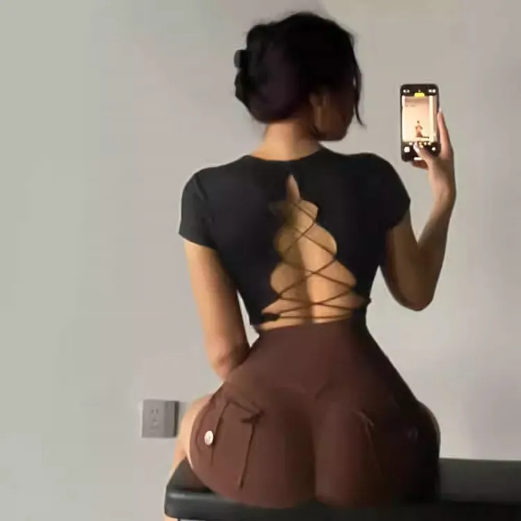 镂空露背运动上衣短袖带胸垫速干瑜伽服训练健身短款T恤外穿透气