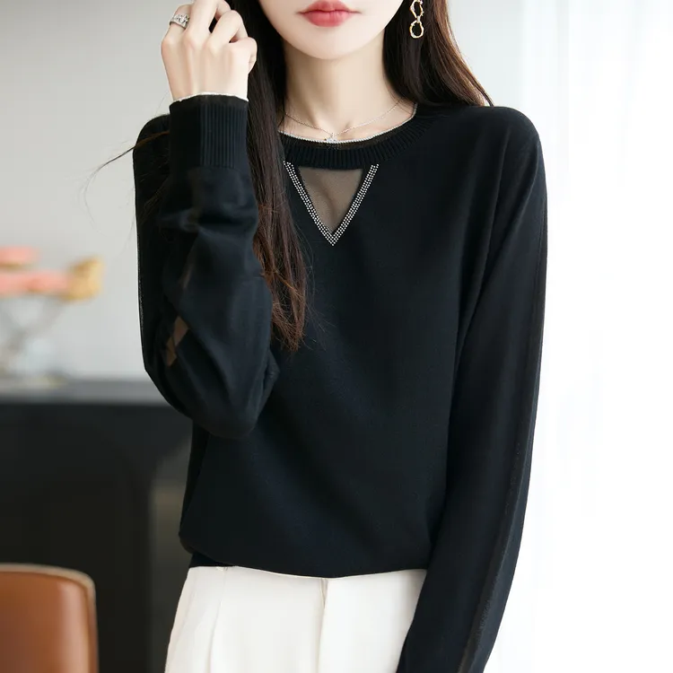 胖mm春秋特大码女士毛衣遮肚子显瘦蕾丝上衣内搭可外穿针织打底衫