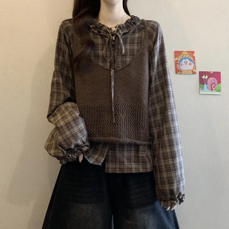 大码女装遮肚子复古长袖格子衬衫女秋冬胖妹妹宽松显瘦马甲两件套