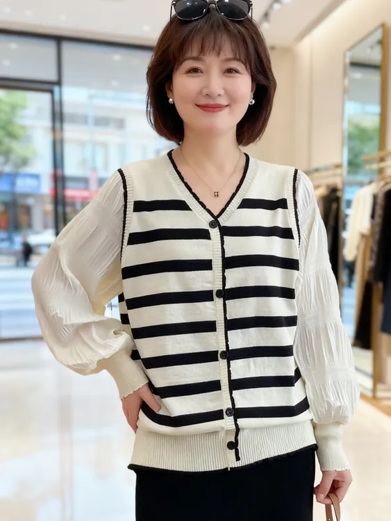 大码女装 胸106-124泡泡纱袖子拼接针织衫818#