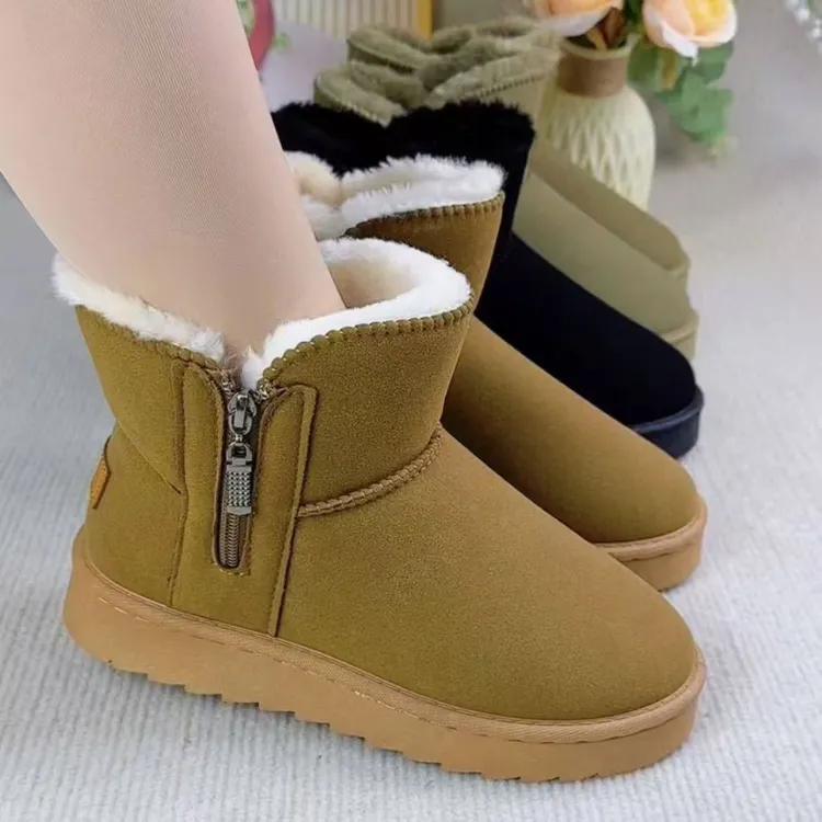 时尚雪地靴女士低筒加绒雪地靴休闲靴子大棉女鞋棉鞋百搭真皮加厚