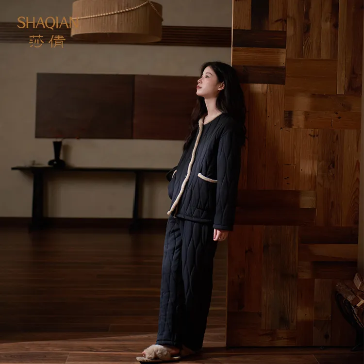 莎倩新款三层夹棉保暖睡衣女士秋冬季加厚加绒珊瑚绒可外穿家居服