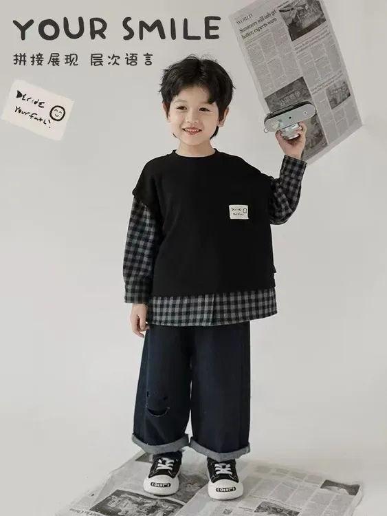 韩版新款男童格子拼接宽松落肩卫衣秋季儿童中大童圆领时尚上衣