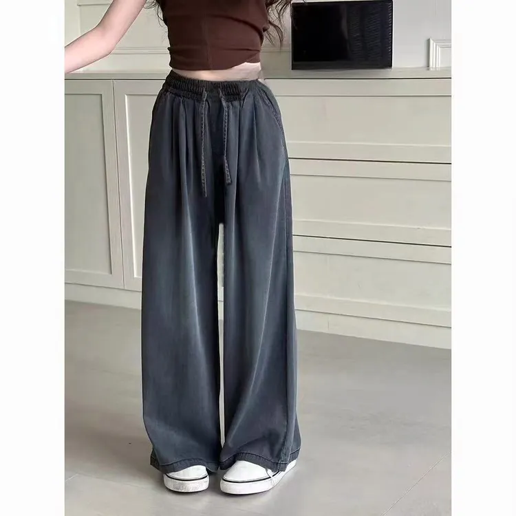 女童天丝牛仔裤夏季薄款抖抖裤中大童直筒裤儿童裤女孩窄版阔腿裤