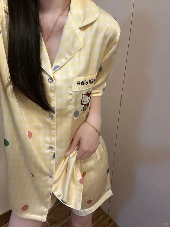 【格纹Kitty猫】短袖睡衣女夏季2025年新款显瘦显白家居服三件套装
