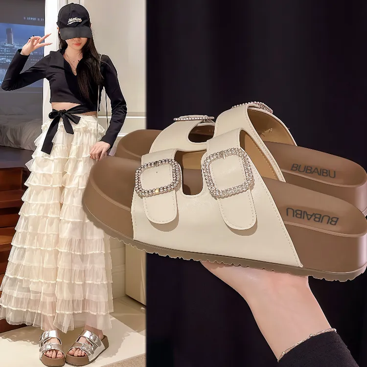 韩系水钻方形扣一字拖鞋女2025夏季爆款增高轻便网红外穿凉鞋软底