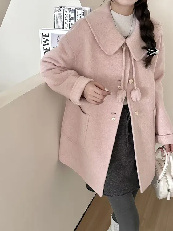 女装羊毛外套【丸子专属】秋冬新款女装双面羊毛大衣娃娃领可爱女小个子毛呢外套