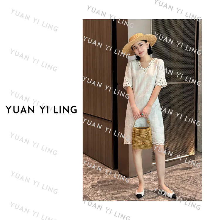 袁艺灵【南法时光】25夏季金丝亚麻镂空刺绣设计感连衣裙气质  9114