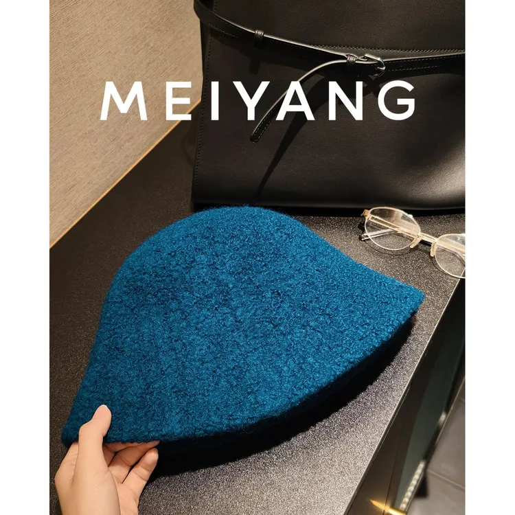 美洋MEIYANG 蓝彩渔夫帽 绵羊毛圈圈纱_克莱因蓝A字针织盆帽-周五