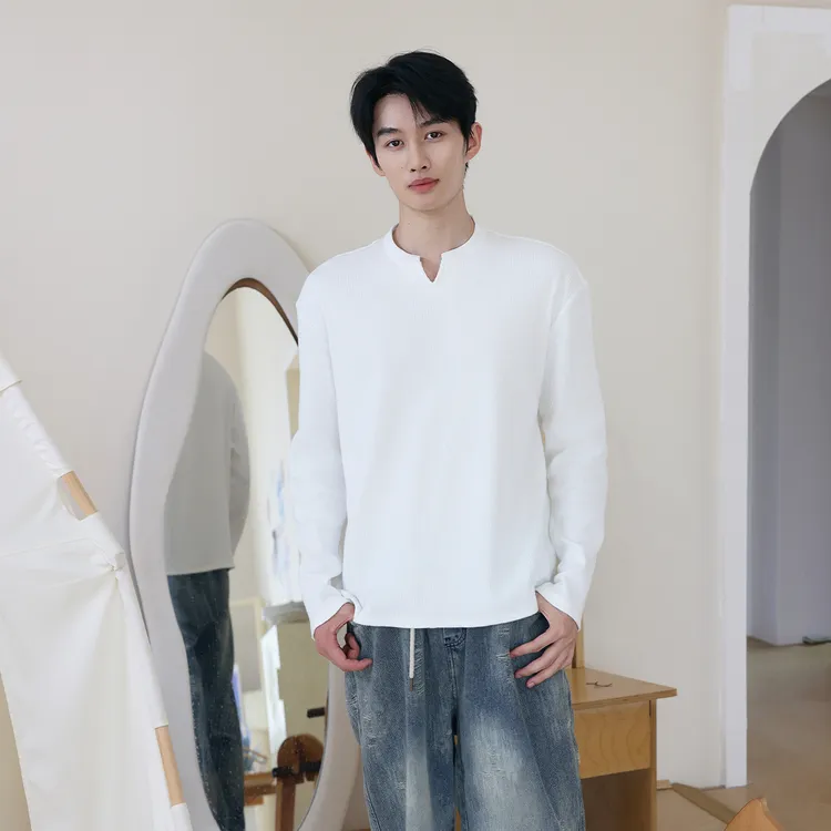 VANNYBUNNY竖条纹打底衫男士宽松韩版休闲长袖百搭简约纯色时尚