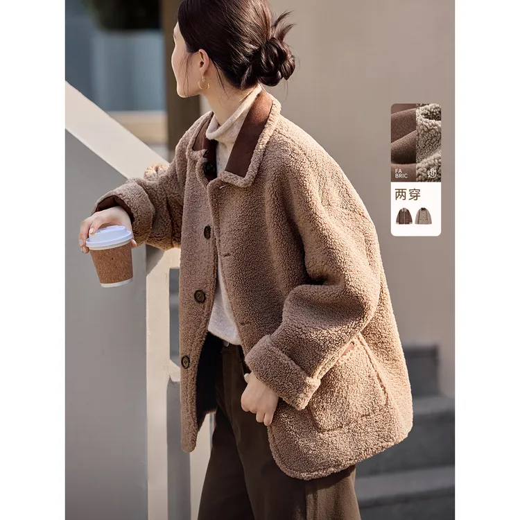 洋气正反两穿皮毛一体麂皮外套女秋冬新款羊羔绒加厚夹克保暖