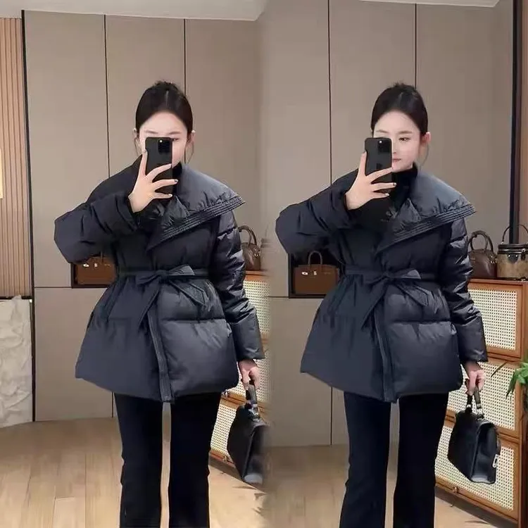 设计翻领收腰棉服加厚宽松外套2025冬季系带高级新款保暖时尚棉衣