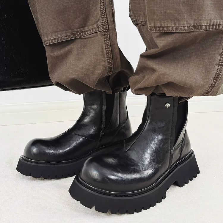 黑色德比鞋牛皮高帮厚底马丁靴男米奇大黑靴切尔西靴男款增高短靴