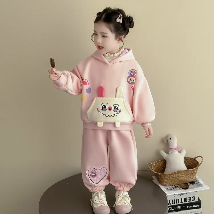 女童加绒套装秋冬款2025新款儿童拉布布双层长耳朵幼儿园两件套潮