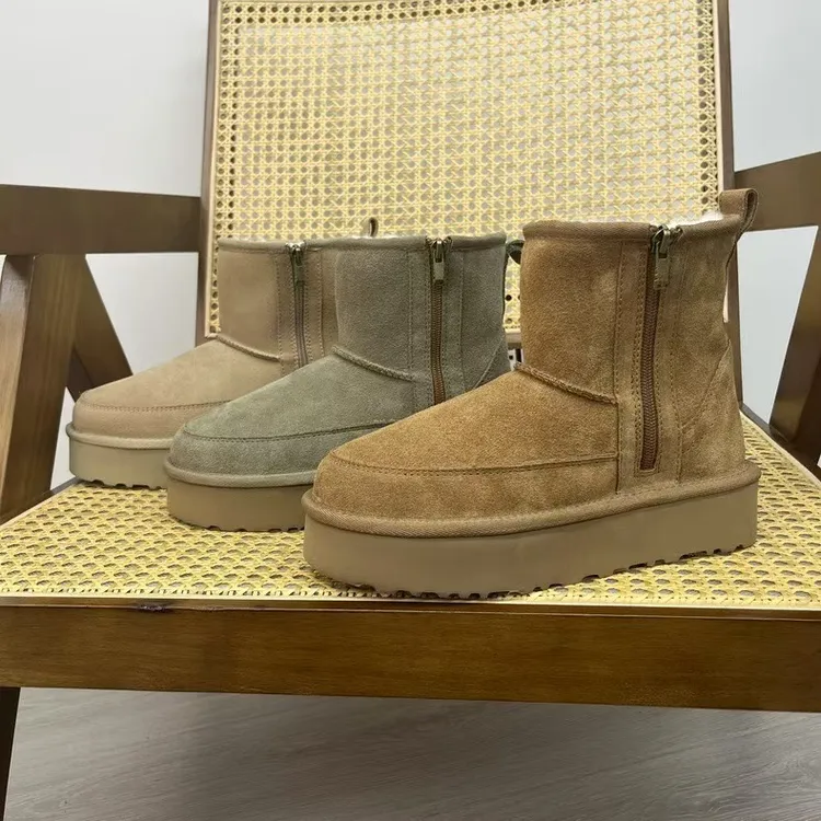 河南桑坡新款雪地靴女厚底侧拉链保暖毛一体中筒靴