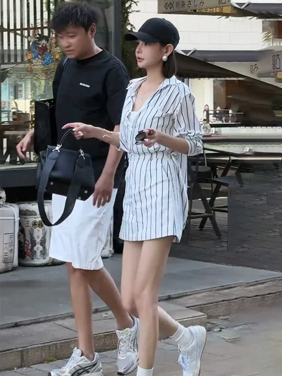 慵懒松弛感黑白条纹收腰连衣裙女小个子显高衬衫裙大方得体的裙子
