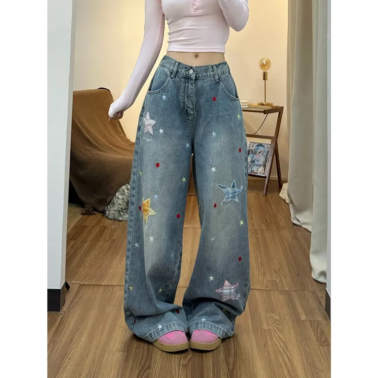【现货】星星贴布阔腿牛仔裤裤子女款2025冬季新款宽松百搭拖地裤