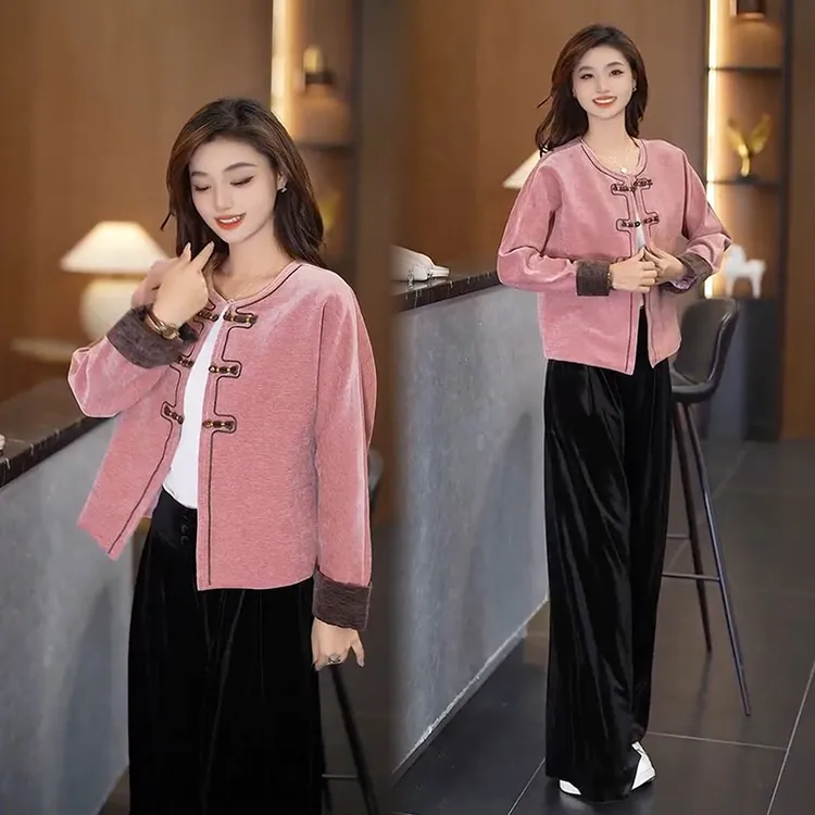 拉夏贝尔时尚套装女2025秋季新款气质新中式盘扣外套阔腿裤两件套