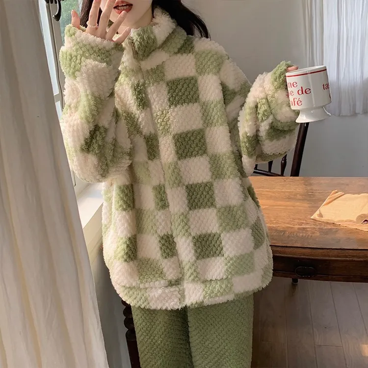 2025新款绿色格子睡衣女冬天珊瑚绒拉链秋冬季加绒加厚家居服冬款