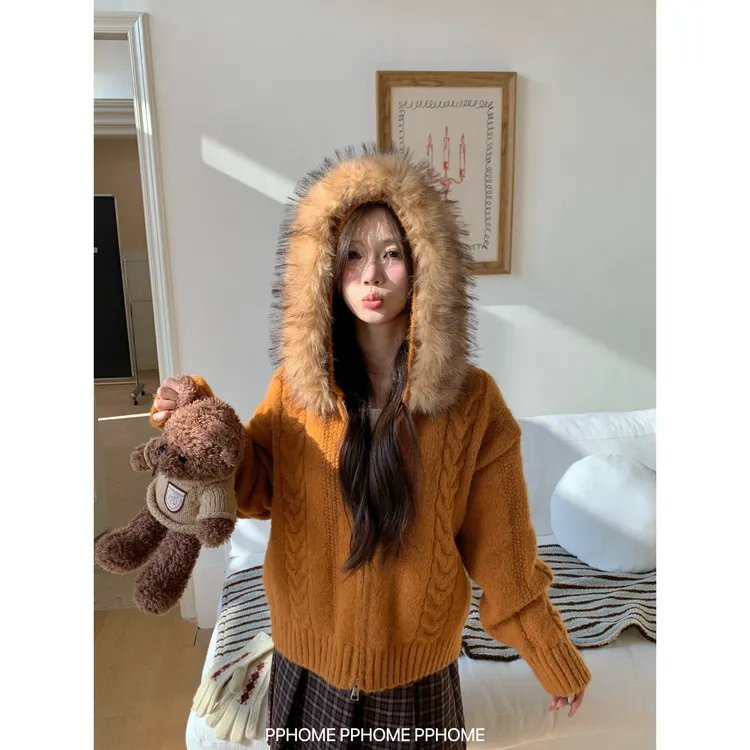 南瓜肉桂卷 连帽毛领秋冬宽松百搭软糯开衫毛衣女外套