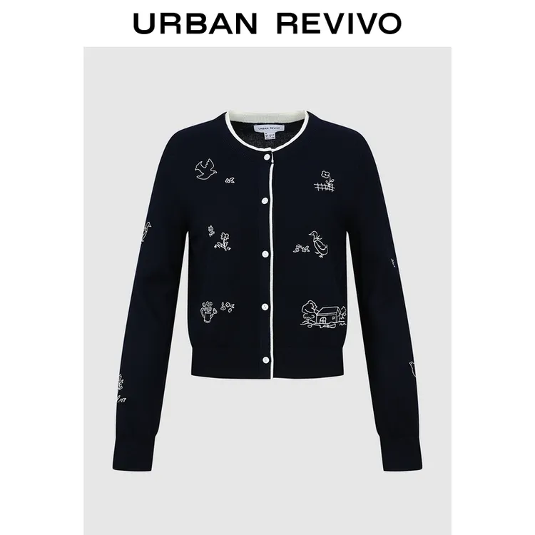 UR2026春季新款女装休闲撞色提花罗纹短款针织开衫UYL950291